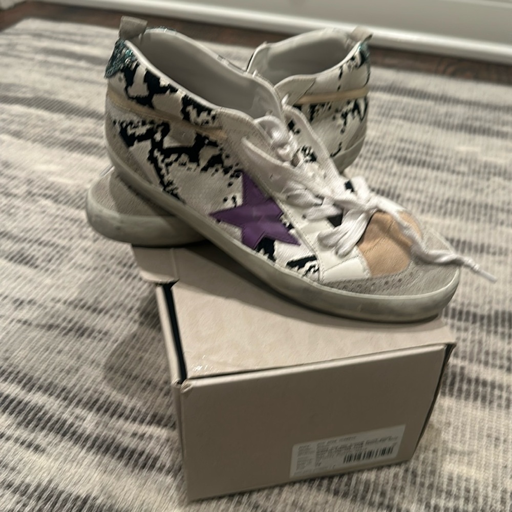 Golden Goose White Sneakers with Purple Star and Black Abstract Print